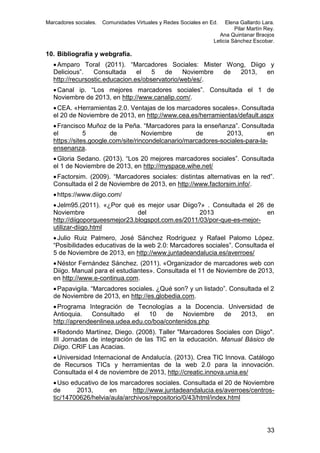 Marcadores sociales.

Comunidades Virtuales y Redes Sociales en Ed.

Elena Gallardo Lara.
Pilar Martín Rey.
Ana Quintanar Braojos
Leticia Sánchez Escobar.

10. Bibliografía y webgrafía.
 Amparo Toral (2011). “Marcadores Sociales: Mister Wong, Diigo y
Delicious”.
Consultada
el
5
de
Noviembre
de
2013,
en
http://recursostic.educacion.es/observatorio/web/es/.
 Canal ip. “Los mejores marcadores sociales”. Consultada el 1 de
Noviembre de 2013, en http://www.canalip.com/.
 CEA. «Herramientas 2.0. Ventajas de los marcadores socales». Consultada
el 20 de Noviembre de 2013, en http://www.cea.es/herramientas/default.aspx
 Francisco Muñoz de la Peña. “Marcadores para la enseñanza”. Consultada
el
5
de
Noviembre
de
2013,
en
https://sites.google.com/site/rincondelcanario/marcadores-sociales-para-laensenanza.
 Gloria Sedano. (2013). “Los 20 mejores marcadores sociales”. Consultada
el 1 de Noviembre de 2013, en http://myspace.wihe.net/
 Factorsim. (2009). “Marcadores sociales: distintas alternativas en la red”.
Consultada el 2 de Noviembre de 2013, en http://www.factorsim.info/.
 https://www.diigo.com/
 Jelm95.(2011). «¿Por qué es mejor usar Diigo?» . Consultada el 26 de
Noviembre
del
2013
en
http://diigoporqueesmejor23.blogspot.com.es/2011/03/por-que-es-mejorutilizar-diigo.html
 Julio Ruiz Palmero, José Sánchez Rodríguez y Rafael Palomo López.
“Posibilidades educativas de la web 2.0: Marcadores sociales”. Consultada el
5 de Noviembre de 2013, en http://www.juntadeandalucia.es/averroes/
 Néstor Fernández Sánchez. (2011). «Organizador de marcadores web con
Diigo. Manual para el estudiantes». Consultada el 11 de Noviembre de 2013,
en http://www.e-continua.com.
 Papavigila. “Marcadores sociales. ¿Qué son? y un listado”. Consultada el 2
de Noviembre de 2013, en http://es.globedia.com.
 Programa Integración de Tecnologías a la Docencia. Universidad de
Antioquia.
Consultado
el
10
de
Noviembre
de
2013,
en
http://aprendeenlinea.udea.edu.co/boa/contenidos.php
 Redondo Martínez, Diego. (2008). Taller "Marcadores Sociales con Diigo".
III Jornadas de integración de las TIC en la educación. Manual Básico de
Diigo. CRIF Las Acacias.
 Universidad Internacional de Andalucía. (2013). Crea TIC Innova. Catálogo
de Recursos TICs y herramientas de la web 2.0 para la innovación.
Consultada el 4 de noviembre de 2013, http://creatic.innova.unia.es/
 Uso educativo de los marcadores sociales. Consultada el 20 de Noviembre
de
2013,
en
http://www.juntadeandalucia.es/averroes/centrostic/14700626/helvia/aula/archivos/repositorio/0/43/html/index.html

33

 