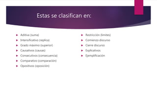 Estas se clasifican en:
 Aditiva (suma)
 Intensificativo (replica)
 Grado máximo (superior)
 Causativos (causas)
 Consecutivos (consecuencia)
 Comparativo (comparación)
 Opositivos (oposición)
 Restricción (limites)
 Comienzo discurso
 Cierre discurso
 Explicativos
 Ejemplificación
 