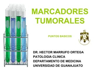 MARCADORES
 TUMORALES
       PUNTOS BASICOS




DR. HECTOR MARRUFO ORTEGA
PATOLOGIA CLINICA
DEPARTAMENTO DE MEDICINA
UNIVERSIDAD DE GUANAJUATO
 