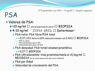 PSA
2/3 pacientes con PSA > 4 ng/ml 🢡 biopsia negativa
⚫ Valores de PSA:
⚫ >10 ng/ml 🢡 alta probabilidad de cáncer 🢡 BIOPSIA
⚫ 4-10 ng/ml ZONA GRIS 🢡 Determinar:
⚫ PSA ratio: PSA libre/PSA total
⚫ < 0,17 (<15% detecta 65% adenocarcinomas con E 90%) 🢡 BIOPSIA
⚫ > 25% no cáncer
⚫ < 15% probabilidad cáncer 20%
⚫ < 10% probabilidad cáncer 30-60%
⚫ PSA densidad: PSA total/volumen prostático
⚫ > 0,17 🢡 BIOPSIA
⚫ PSA UltraSensible: tras prostatectomía si >0,1ng/ml 🢡
RECIDIVA (se ve varios meses antes que con el standard)
⚫ PSA por Edad
⚫ Velocidad de crecimiento del PSA.
 