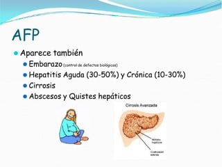 AFP
⚫ Aparece también
⚫ Embarazo(control de defectos biológicos)
⚫ Hepatitis Aguda (30-50%) y Crónica (10-30%)
⚫ Cirrosis
⚫ Abscesos y Quistes hepáticos
 