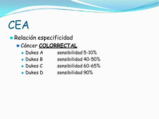 CEA
⚫ Relación especificidad
⚫ Cáncer COLORRECTAL
⚫ Dukes A
⚫ Dukes B
⚫ Dukes C
⚫ Dukes D
sensibilidad 5-10%
sensibilidad 40-50%
sensibilidad 60-65%
sensibilidad 90%
 