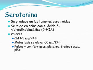 Serotonina
⚫ Se produce en los tumores carcinoides
⚫ Se mide en orina con el ácido 5-
hidroxiindolacético (5-HIA)
⚫ Valores
⚫ CN 1-5 mg/24 h
⚫ Metastasis se eleva >50 mg/24 h
⚫ Falsos + con fármacos, plátanos, frutos secos,
p¡ña.
 