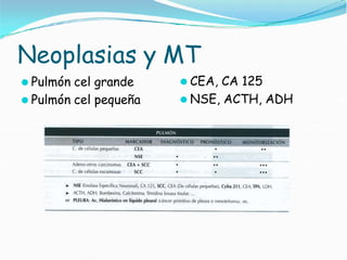 Neoplasias y MT
⚫ Pulmón cel grande
⚫ Pulmón cel pequeña
⚫ CEA, CA 125
⚫ NSE, ACTH, ADH
 