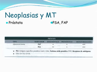 Neoplasias y MT
⚫ Próstata ⚫PSA, FAP
 