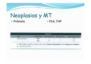 Neoplasias y MT
 Próstata    PSA, FAP
 