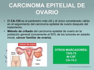 • El CA-125 es el parámetro más útil y el único considerado válido
en el seguimiento del carcinoma epitelial de ovario después del
tratamiento.
• Método de cribado del carcinoma epitelial de ovario en la
población general (únicamente el 50% de los tumores en estadio
inicial, cáncer familiar de ovario).
CARCINOMA EPITELIAL DE
OVARIO
OTROS MARCADORES:
TAG-72
M-CSF
CA-15.3
 
