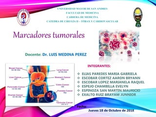 UNIVERSIDAD MAYOR DE SAN ANDRES
FACULTAD DE MEDICINA
CARRERA DE MEDICINA
CATEDRA DE CIRUGÍA II – TÓRAX Y CARDIOVASCULAR
Marcadores tumorales
Docente: Dr. LUIS MEDINA PEREZ
INTEGRANTES:
 ELIAS PAREDES MARIA GABRIELA
 ESCOBAR CORTEZ AARON BRYANN
 ESCOBAR LOPEZ MARIANELA RAQUEL
 ESPEJO CHAMBILLA EVELYN
 ESPINOZA SAN MARTIN MAURICIO
 EXALTO RUIZ BRAYAM JUNNIOR
Fecha:
Jueves 18 de Octubre de 2018
 