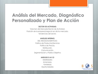 Análisis del Mercado, Diagnóstico Personalizado y Plan de Acción 
SECTOR DE ACTIVIDAD: 
Volumen del Mercado/Sector de Actividad. 
Posición de la empresa/negocio en dicho mercado. 
Tendencias del sector. 
ANÁLISIS INTERNO: 
DEL NEGOCIO/SERVICIO: 
Política de Productos/Servicios 
Política de Precios. 
Distribución. 
Comunicación. 
Segmentación y Público Objetivo 
ANÁLISIS D.A.F.O 
Debilidades 
Amenazas. 
Fortalezas 
Oportunidades  