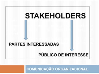 COMUNICAÇÃO ORGANIZACIONAL
Um dos principais ativos da empresa.
Demora a ser construída, mas quando consolidada
constitui-se como uma importante vantagem
competitiva.
É baseada nas percepções que os diferentes públicos
(stakeholders) têm ao longo do tempo da conduta da
empresa.
STAKEHOLDERS
PARTES INTERESSADAS
PÚBLICO DE INTERESSE
 