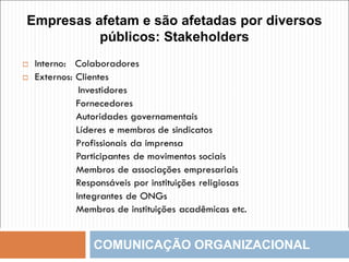COMUNICAÇÃO ORGANIZACIONAL
Empresas afetam e são afetadas por diversos
públicos: Stakeholders
 