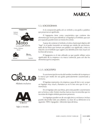 MARCA 
MARCA, IMAGEN, ENVASE Y EMBALAJE 
3 
1.3. LOGOGRAMA 
Es la composición gráfica de un símbolo y una grafía o palabras 
que proyectan un significado. 
El logograma tiene como característica que contiene dos 
elementos que sirven para identificar: el logotipo y el símbolo, que aun 
por separado pueden tener un mismo fin común. 
A pesar de contener el símbolo y la letra el principal objetivo del 
“logo” es el poder transmitir un mensaje por medio de una lectura; 
tanto de las letras que forman una palabra con significado, como su 
relación con el símbolo que sugiere una identificación más visual con 
los fines de la marca. 
El logograma es el más utilizado ya que puede reflejar varios 
significados de tu empresa o tu marca comercial, pues son dos los 
elementos que lo componen. 
Logograma 
Moto 
manía 
Símbolo 
(Dibujo) 
Grafía o logotipo 
(letras) 
Moto 
manía 
Símbolo Logotipo 
Alfabeto exclusivo 
AA ARTESANOS ASOCIADOS 
DE MÉXICO 
Siglas o iniciales 
1.3.1. LOGOTIPO 
Es una transcripción escrita del nombre (nombre de la empresa o 
la marca) por medio de una grafía particularmente caracterizada y 
exclusiva. 
El logotipo representa a la empresa y pasa de leer a ver; ya que 
un logotipo muy visual y llamativo ya no lo lees sino que lo ves y 
memorizas. 
En un logotipo solo usas letras, pero estas pueden caracterizarse 
por su forma y color. Existen muchas marcas muy reconocidas que no 
necesitan de ningún símbolo para tener presencia. 
Los logotipos pueden ser de una sigla única y exclusiva e incluso 
puedes desarrollar todo una alfabeto. La clave de su definición es la 
siguiente: TIPO=tipografía= diferentes tipos de letras. 
MEJOR ARTE 
 