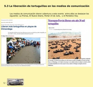 12 CLIENT.	 CRS PORTFOLIO TEMPLATE
WEB. 	 www.crsindesigntemplates.com
5.3 La liberación de tortuguillos en los medios de comunicación
Los medios de comunicación dieron cobertura a este evento entre ellos se destacan los
siguiente: La Prensa, El Nuevo Diario, Portal 19 de Julio, y el Periódico Hoy.
 