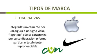 TIPOS DE MARCA
 FIGURATIVAS
Integradas únicamente por
una figura o un signo visual
“logotipo” que se caracteriza
por su configuración o forma
particular totalmente
impronunciable.
 