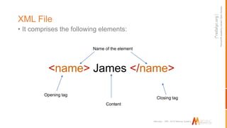Non-profitacademy-ownedOpenAccess
Marcalyc - XML JATS Markup System
XML File
• It comprises the following elements:
Closing tag
Name of the element
<name> James </name>
Content
Opening tag
 