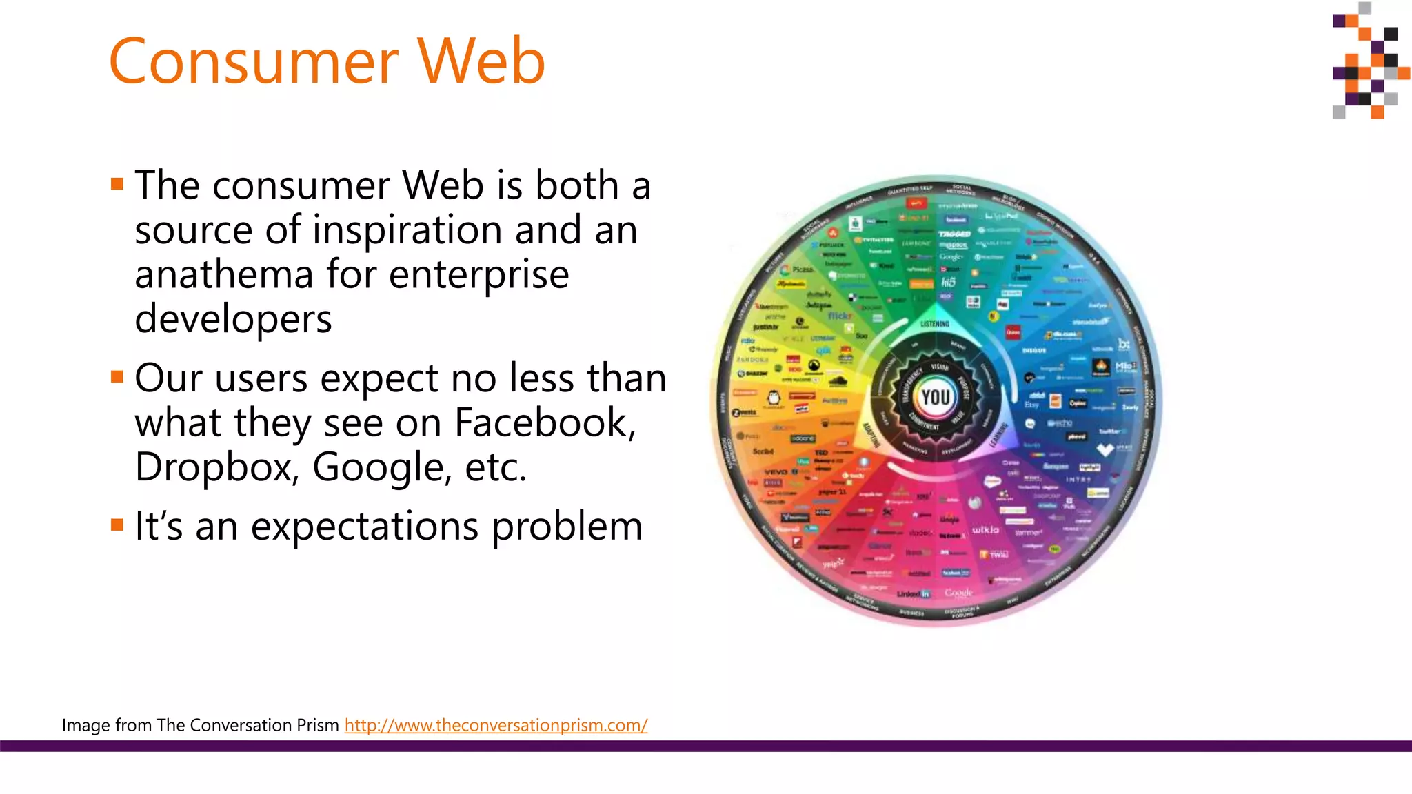 Consumer Web
 The consumer Web is both a
source of inspiration and an
anathema for enterprise
developers
 Our users expect no less than
what they see on Facebook,
Dropbox, Google, etc.
 It’s an expectations problem
Image from The Conversation Prism http://www.theconversationprism.com/
 