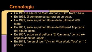 ● En 1993 la album de Marc Anthony, “Otro Nota,” salió.
● En 1995, él comenzó su carrera de un actor.
● En 1999, salió su primer álbum de la Billboard 200
carta.
● En 2001, salió su primer álbum de Billboard Top carta
del álbum latino.
● En 2007, actuó en el película “El Cantante,” con su ex-
esposa Jennifer Lopez.
● En 2013, fue en el tour “Vivir mi Vida World Tour” en 15
paises.
Cronología
 
