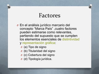 Factores
O En el análisis jurídico marcario del

concepto “Marca País” ,cuatro factores
pueden estimarse como relevantes,
partiendo del supuesto que se cumplen
los elementos esenciales de distintividad
y representación gráfica:
O (a) Tipo de signo
O (b) Titularidad del signo
O (c) Cobertura del signo

O (d) Tipología jurídica.

 
