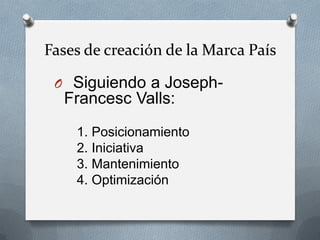 Fases de creación de la Marca País
O Siguiendo a Joseph-

Francesc Valls:
1. Posicionamiento
2. Iniciativa
3. Mantenimiento
4. Optimización

 