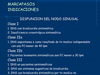 MARCAPASOS INDICACIONES DISFUNCION DEL NODO SINUSAL Clase I 1. DNS con bradicardia sintomática 2. Insuficiencia cronotrópica sintomática Clase IIa 1. DNS espontanea o como resultado de tx medico indispensable con una FC menor de 40 lpm   Clase IIb 1. Pacientes levemente sintomáticos son FC menor a 30 lpm Clase III 1. DNS en pacientes asintomáticos 2. DNS son sintomas sugestivos de bradicardia 3. DNS con bradicardia sintomática por tx medico no indispensable. 