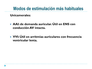 Modos de estimulación más habituales
Unicamerales:
}  AAI: de demanda auricular. Útil en ENS con
conducción AV intacta.
}  VVI: Útil en arritmias auriculares con frecuencia
ventricular lenta.
 