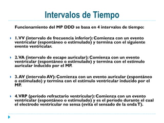 Intervalos de Tiempo
Funcionamiento del MP DDD se basa en 4 intervalos de tiempo:
}  1.VV (intervalo de frecuencia inferior): Comienza con un evento
ventricular (espontáneo o estimulado) y termina con el siguiente
evento ventricular.
}  2.VA (intervalo de escape auricular): Comienza con un evento
ventricular (espontáneo o estimulado) y termina con el estímulo
auricular inducido por el MP.
}  3.AV (intervalo AV): Comienza con un evento auricular (espontáneo
o estimulado) y termina con el estímulo ventricular inducido por el
MP.
}  4.VRP (período refractario ventricular): Comienza con un evento
ventricular (espontáneo o estimulado) y es el período durante el cual
el electrodo ventricular no sensa (evita el sensado de la ondaT).
 