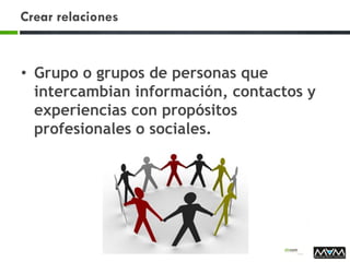 Crear relaciones
• Grupo o grupos de personas que
intercambian información, contactos y
experiencias con propósitos
profesionales o sociales.
 