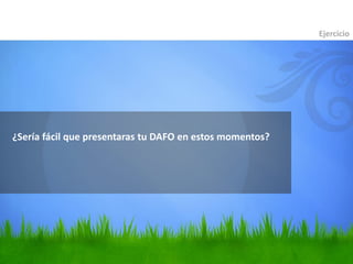 ¿Sería fácil que presentaras tu DAFO en estos momentos?
Ejercicio
 