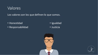 Valores
• Honestidad
• Responsabilidad
• Igualdad
• Justicia
Los	valores	son	los	que	definen	lo	que	somos.
 