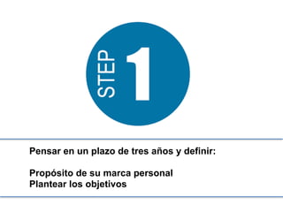 Pensar en un plazo de tres años y definir:
Propósito de su marca personal
Plantear los objetivos
 