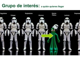 Grupo de interés: a quién quieres llegar
Seguidores
Colegas
Empleadores
Alumnos Lectores
Empresas
Opinión
Pública
 
