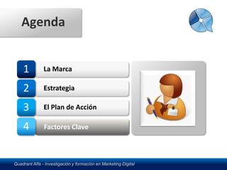 Agenda


    1          La Marca

    2          Estrategia

    3          El Plan de Acción

    4          Factores Clave



Quadrant Alfa - Investigación y formación en Marketing Digital
 