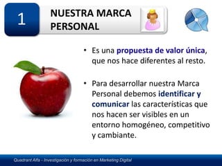 NUESTRA MARCA
 1                 PERSONAL

                                    • Es una propuesta de valor única,
                                      que nos hace diferentes al resto.

                                    • Para desarrollar nuestra Marca
                                      Personal debemos identificar y
                                      comunicar las características que
                                      nos hacen ser visibles en un
                                      entorno homogéneo, competitivo
                                      y cambiante.

Quadrant Alfa - Investigación y formación en Marketing Digital
 