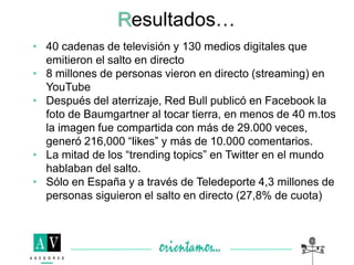 Resultados…
• 40 cadenas de televisión y 130 medios digitales que
emitieron el salto en directo
• 8 millones de personas vieron en directo (streaming) en
YouTube
• Después del aterrizaje, Red Bull publicó en Facebook la
foto de Baumgartner al tocar tierra, en menos de 40 m.tos
la imagen fue compartida con más de 29.000 veces,
generó 216,000 “likes” y más de 10.000 comentarios.
• La mitad de los “trending topics” en Twitter en el mundo
hablaban del salto.
• Sólo en España y a través de Teledeporte 4,3 millones de
personas siguieron el salto en directo (27,8% de cuota)
 
