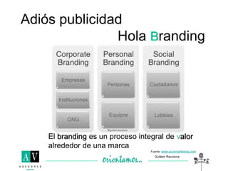 Adiós publicidad
Hola Branding
El branding es un proceso integral de valor
alrededor de una marca
Fuente: www.puromarketing.com
 