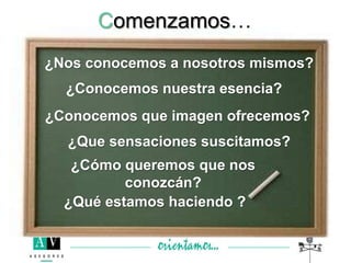 ¿Nos conocemos a nosotros mismos?
¿Conocemos que imagen ofrecemos?
¿Conocemos nuestra esencia?
¿Cómo queremos que nos
conozcán?
¿Qué estamos haciendo ?
¿Que sensaciones suscitamos?
Comenzamos…
 