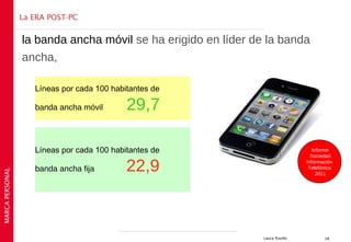 La ERA POST-PC


                 la banda ancha móvil se ha erigido en líder de la banda
                 ancha,

                    Líneas por cada 100 habitantes de

                    banda ancha móvil       29,7

                    Líneas por cada 100 habitantes de                             Informe
                                                                                 Sociedad

                    banda ancha fija        22,9                               Información
                                                                                Telefónica
MARCA PERSONAL




                                                                                    2011




                                                               Laura Rosillo          18
 