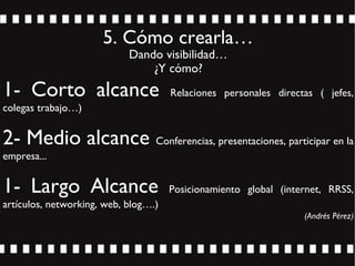 5. Cómo crearla…
¿Y cómo?
1- Corto alcance Relaciones personales directas ( jefes,
colegas trabajo…)
2- Medio alcance Conferencias, presentaciones, participar en la
empresa...
1- Largo Alcance Posicionamiento global (internet, RRSS,
artículos, networking, web, blog….)
(Andrés Pérez)
Dando visibilidad…
 