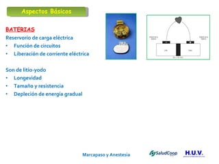 Marcapaso y Anestesia   BATERIAS Reservorio de carga eléctrica  Función de circuitos Liberación de corriente eléctrica Son de litio-yodo Longevidad Tamaño y resistencia Depleción de energía gradual Aspectos Básicos 