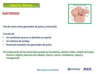 Marcapaso y Anestesia   ELECTRODOS -Vía de unión entre generador de pulso y miocardio -Consta de: Un conductor que es un alambre en espiral Un sistema de anclaje Proximal conexión con generador de pulso -El componente de los electrodos puede ser de platino, platino-iridio, carbón activado, titanio o elgiloy (aleación de cobalto, hierro, cromo, molibdeno, níquel y manganeso) Aspectos Básicos 