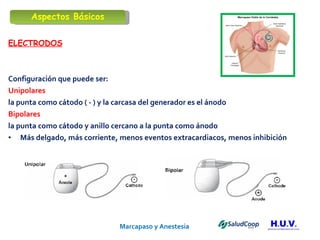 Marcapaso y Anestesia   ELECTRODOS Configuración que puede ser: Unipolares   la punta como cátodo ( - ) y la carcasa del generador es el ánodo Bipolares   la punta como cátodo y anillo cercano a la punta como ánodo Más delgado, más corriente, menos eventos extracardiacos, menos inhibición  Aspectos Básicos 