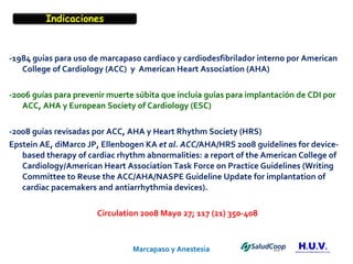 Marcapaso y Anestesia   -1984 guías para uso de marcapaso cardiaco y cardiodesfibrilador interno por  American College of Cardiology (ACC)  y  American Heart Association (AHA) -2006 guías para prevenir muerte súbita que incluía guías para implantación de CDI por ACC, AHA y European Society of Cardiology (ESC) -2008 guías revisadas por ACC, AHA y Heart Rhythm Society (HRS) Epstein AE, diMarco JP, Ellenbogen KA  et al. ACC/ AHA/HRS 2008 guidelines for device-based therapy of cardiac rhythm abnormalities: a report of the American College of Cardiology/American Heart Association Task Force on Practice Guidelines (Writing Committee to Reuse the ACC/AHA/NASPE Guideline Update for implantation of cardiac pacemakers and antiarrhythmia  devices). Circulation 2008 Mayo 27; 117 (21) 350-408 Indicaciones 