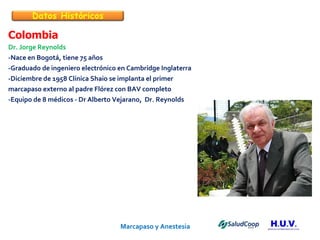 Marcapaso y Anestesia   Colombia Dr. Jorge Reynolds -Nace en Bogotá, tiene 75 años -Graduado de ingeniero electrónico en Cambridge Inglaterra -Diciembre de 1958 Clínica Shaio se implanta el primer marcapaso externo al padre Flórez con BAV completo -Equipo de 8 médicos - Dr Alberto Vejarano,  Dr. Reynolds Datos Históricos 