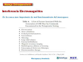 Marcapaso y Anestesia   Interferencia Electromagnética -Es la causa mas importante de mal funcionamiento del marcapaso Manejo Intraoperatorio 