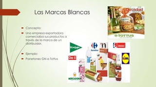 Las Marcas Blancas
 Concepto:
 Una empresa exportadora
comercializa sus productos a
través de la marca de un
distribuidor.
 Ejemplo:
 Panetones GN a Tottus
 