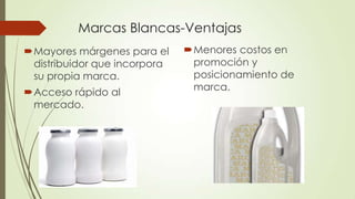 Marcas Blancas-Ventajas
Mayores márgenes para el
distribuidor que incorpora
su propia marca.
Acceso rápido al
mercado.
Menores costos en
promoción y
posicionamiento de
marca.
 