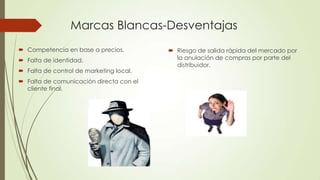 Marcas Blancas-Desventajas
 Competencia en base a precios.
 Falta de identidad.
 Falta de control de marketing local.
 Falta de comunicación directa con el
cliente final.
 Riesgo de salida rápida del mercado por
la anulación de compras por parte del
distribuidor.
 