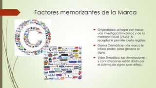Factores memorizantes de la Marca
 Originalidad: se logra con hacer
una investigación icónica y de la
memoria visual (VALS). Al
receptor le permite cierto registro.
 Gama Cromática: a la marca le
infiere poder, para generar el
signo.
 Valor Simbólico: las denotaciones
y connotaciones están dado por
el sistema de signos que refleja.
 