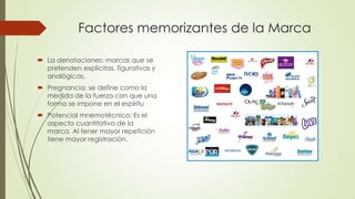 Factores memorizantes de la Marca
 La denotaciones: marcas que se
pretenden explicitas, figurativas y
analógicas.
 Pregnancia: se define como la
medida de la fuerza con que una
forma se impone en el espíritu
 Potencial mnemotécnico: Es el
aspecto cuantitativo de la
marca. Al tener mayor repetición
tiene mayor registración.
 