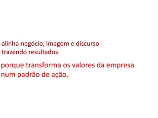 alinha negócio, imagem e discurso trazendo resultados.porque transforma os valores da empresa num padrão de ação.